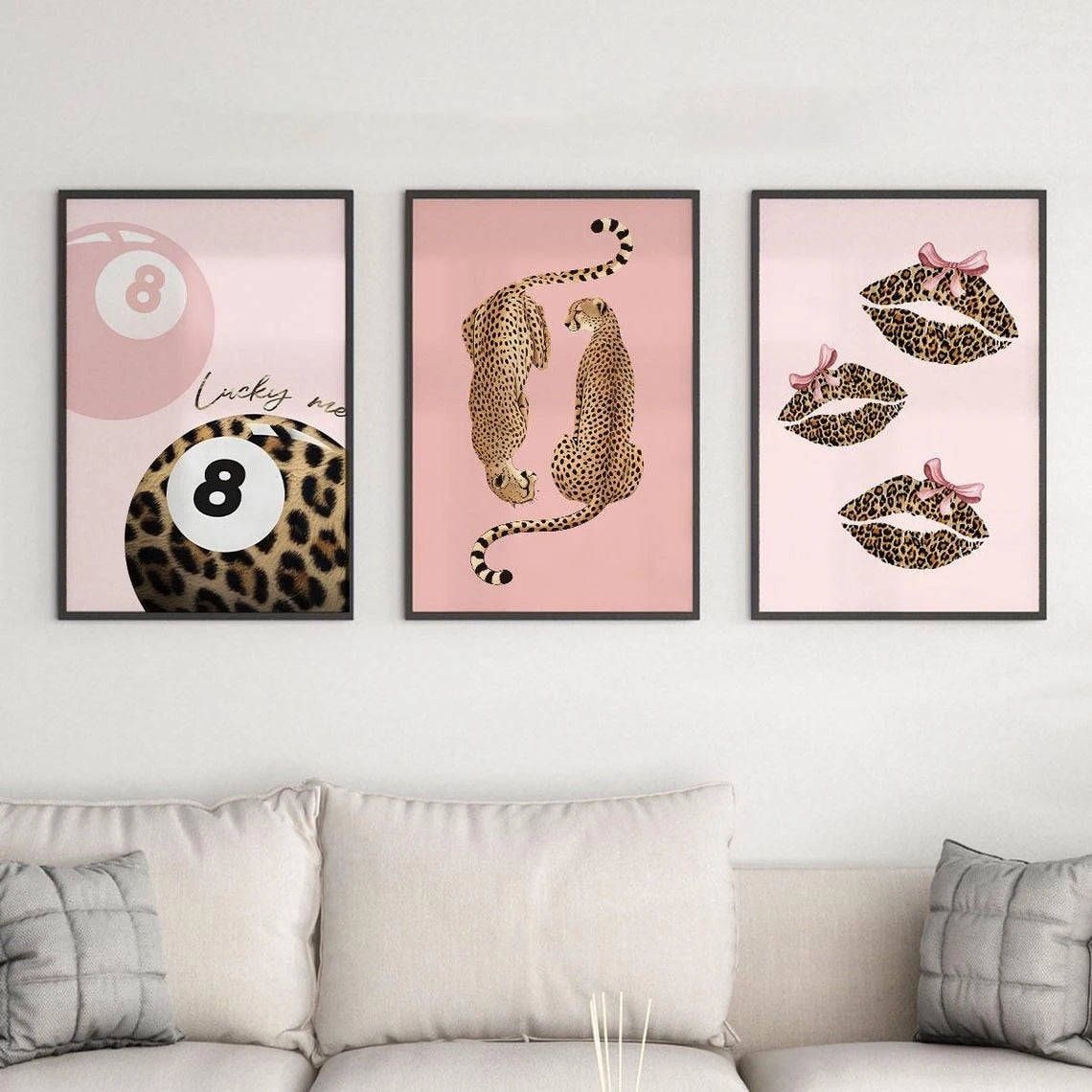3pcs Leopard Cheetah Canvas Wall Art, Unframed Modern No. 8 Ball Lucky Print, Canvas Painting for Luxury Living Room Decor