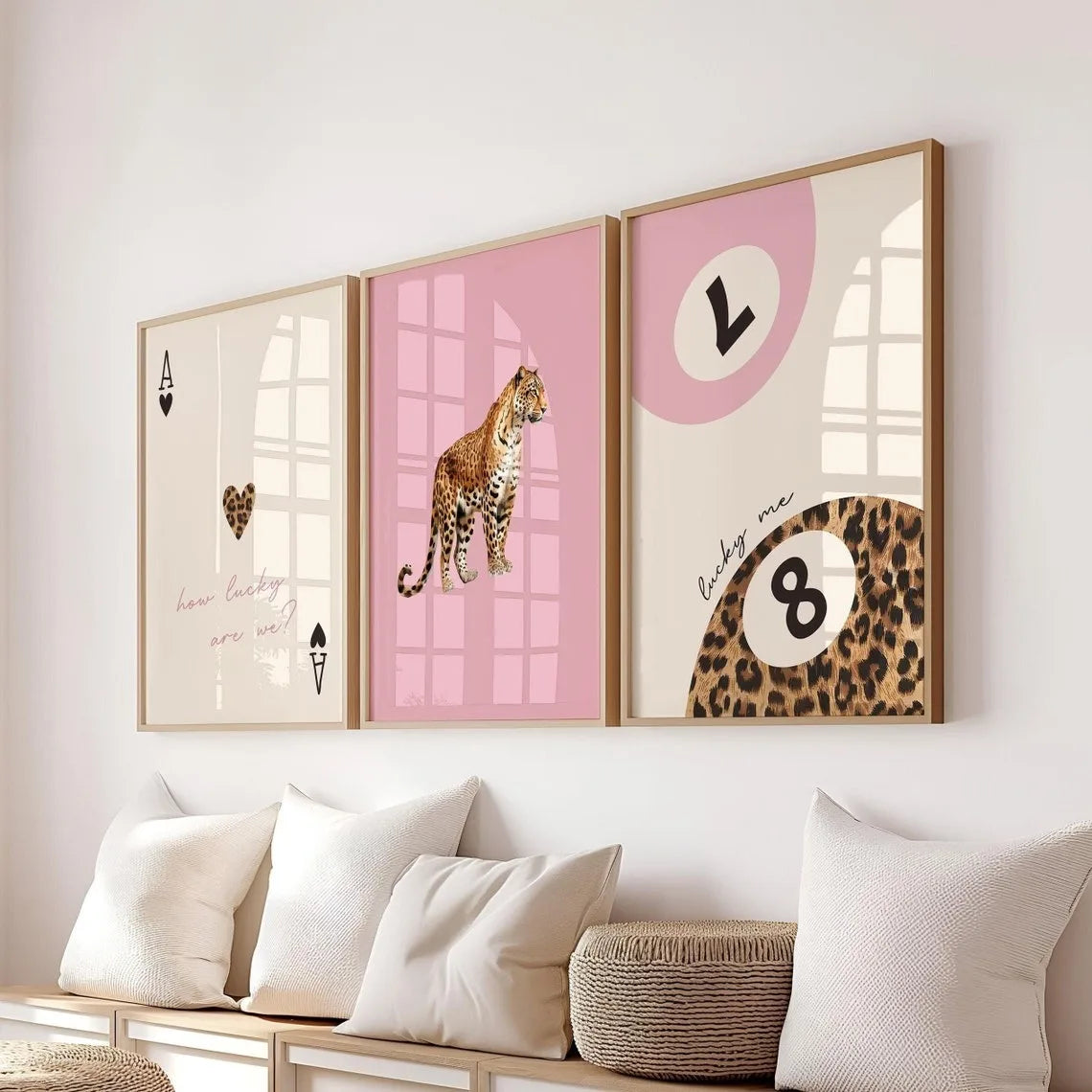 3pcs Leopard Cheetah Canvas Wall Art, Unframed Modern No. 8 Ball Lucky Print, Canvas Painting for Luxury Living Room Decor