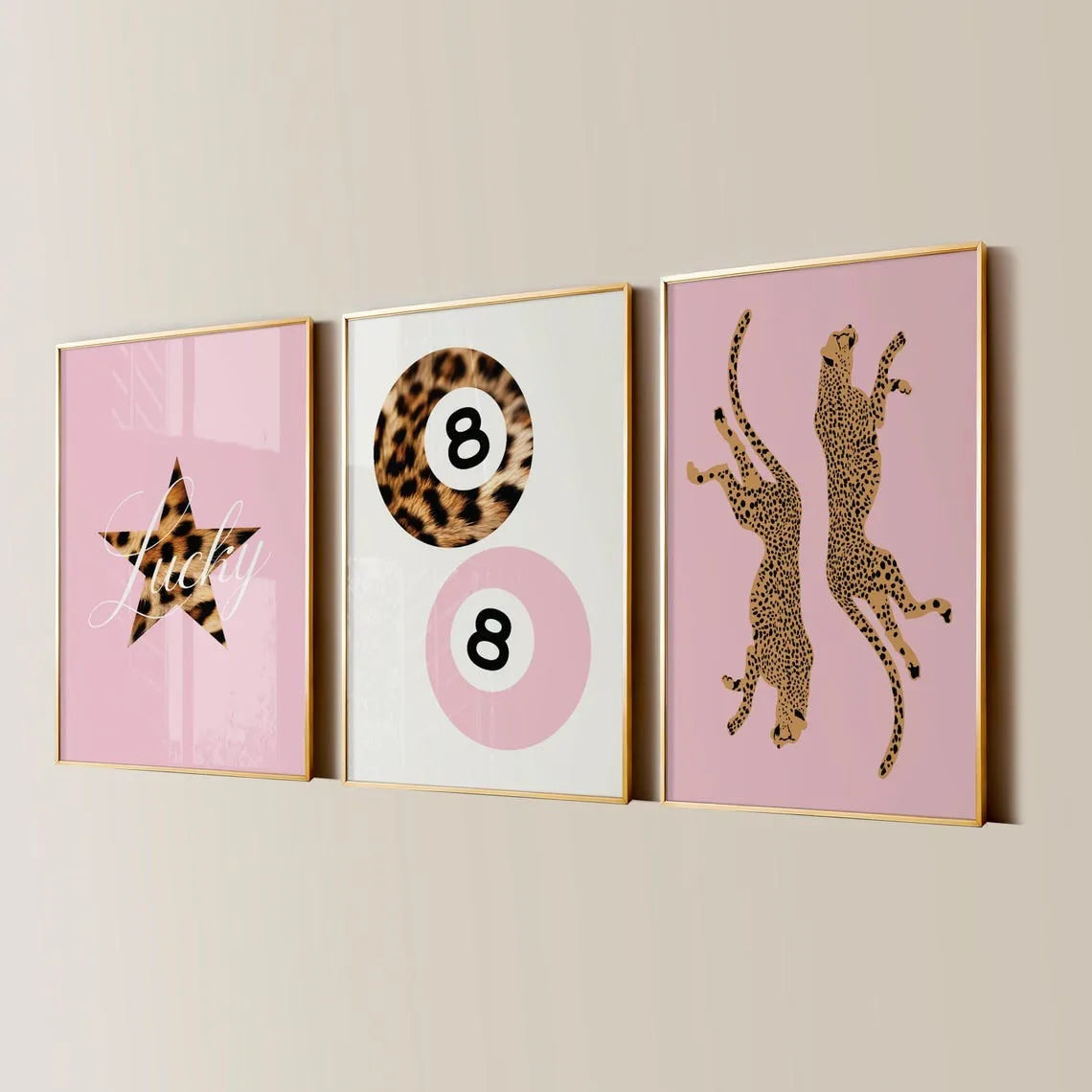 3pcs Leopard Cheetah Canvas Wall Art, Unframed Modern No. 8 Ball Lucky Print, Canvas Painting for Luxury Living Room Decor