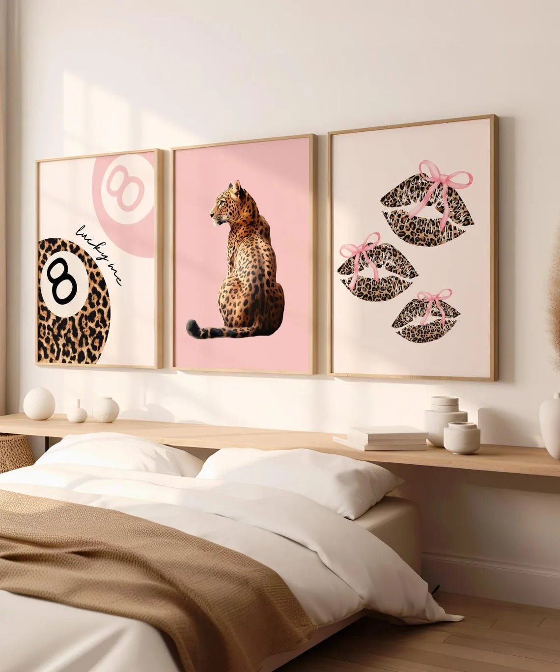3pcs Leopard Cheetah Canvas Wall Art, Unframed Modern No. 8 Ball Lucky Print, Canvas Painting for Luxury Living Room Decor