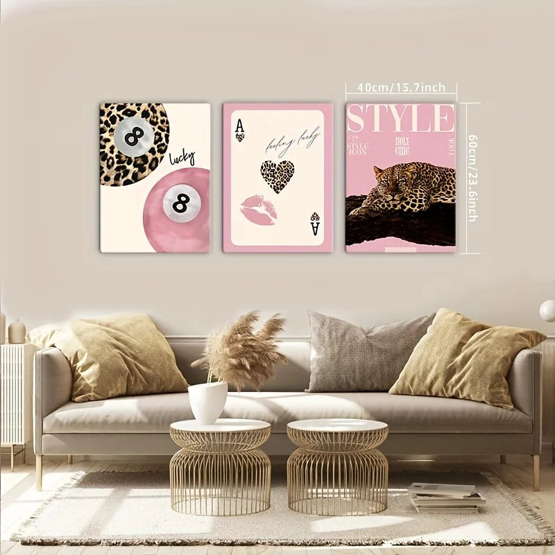 3pcs Leopard Cheetah Canvas Wall Art, Unframed Modern No. 8 Ball Lucky Print, Canvas Painting for Luxury Living Room Decor