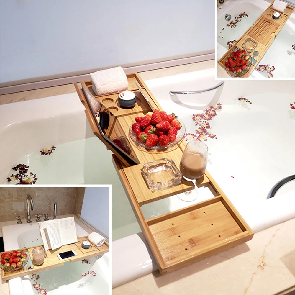Bamboo Caddy Tray for Bathtub w/ Organizer Book, Wine, Tablet Holder. Reading Rack, Nonslip Bottom & Extendable Sides