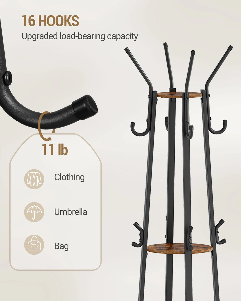Coat Rack with Large Storage Basket, Coat Rack with 3 Shelves &16 Hooks for Scarves, Bags, Hats, for Entryway, Bedroom