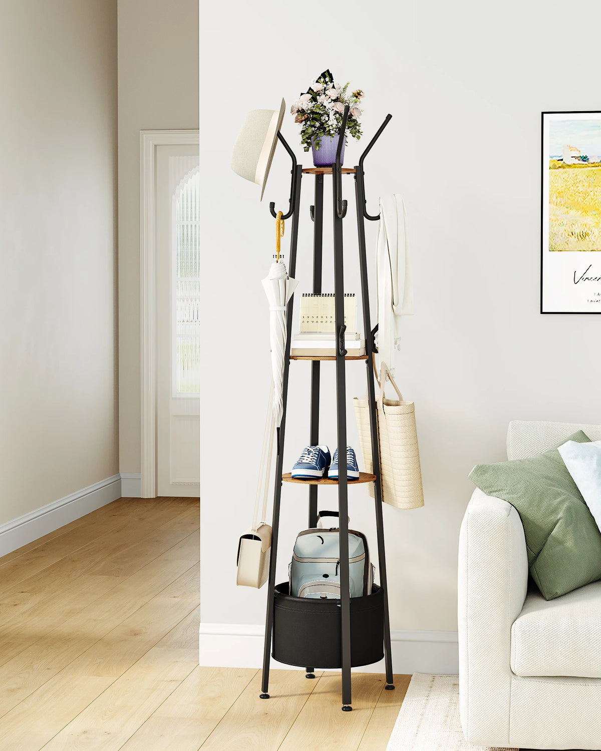 Coat Rack with Large Storage Basket, Coat Rack with 3 Shelves &16 Hooks for Scarves, Bags, Hats, for Entryway, Bedroom