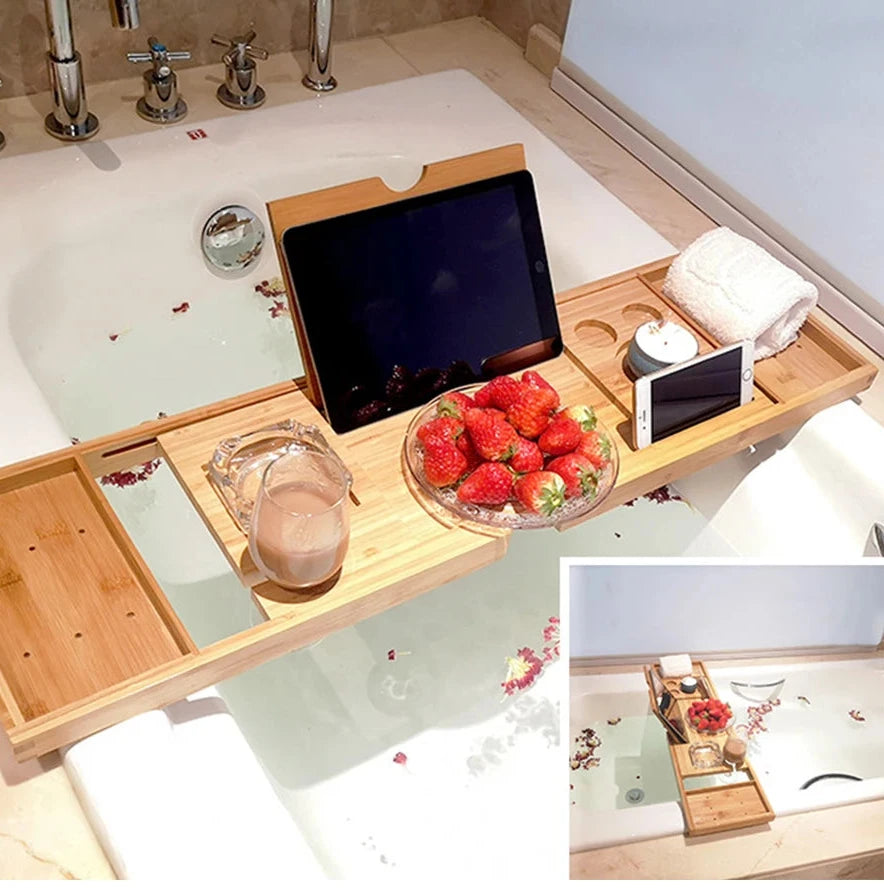 Bamboo Caddy Tray for Bathtub w/ Organizer Book, Wine, Tablet Holder. Reading Rack, Nonslip Bottom & Extendable Sides