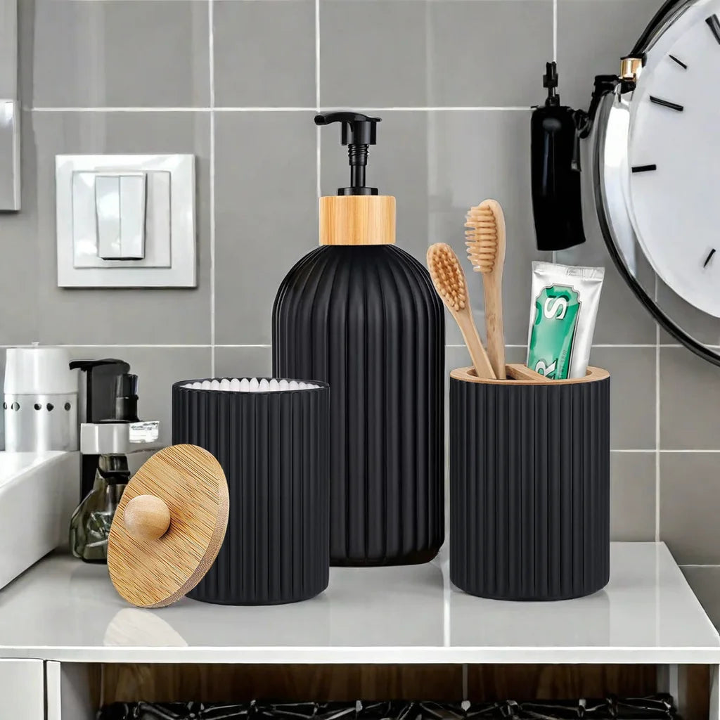Bathroom Countertop Container, Hand Soap Dispenser, Cotton Ball Storage Box & Toothbrush Holder