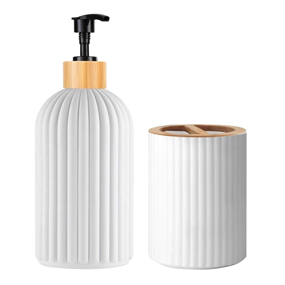 Bathroom Countertop Container, Hand Soap Dispenser, Cotton Ball Storage Box & Toothbrush Holder
