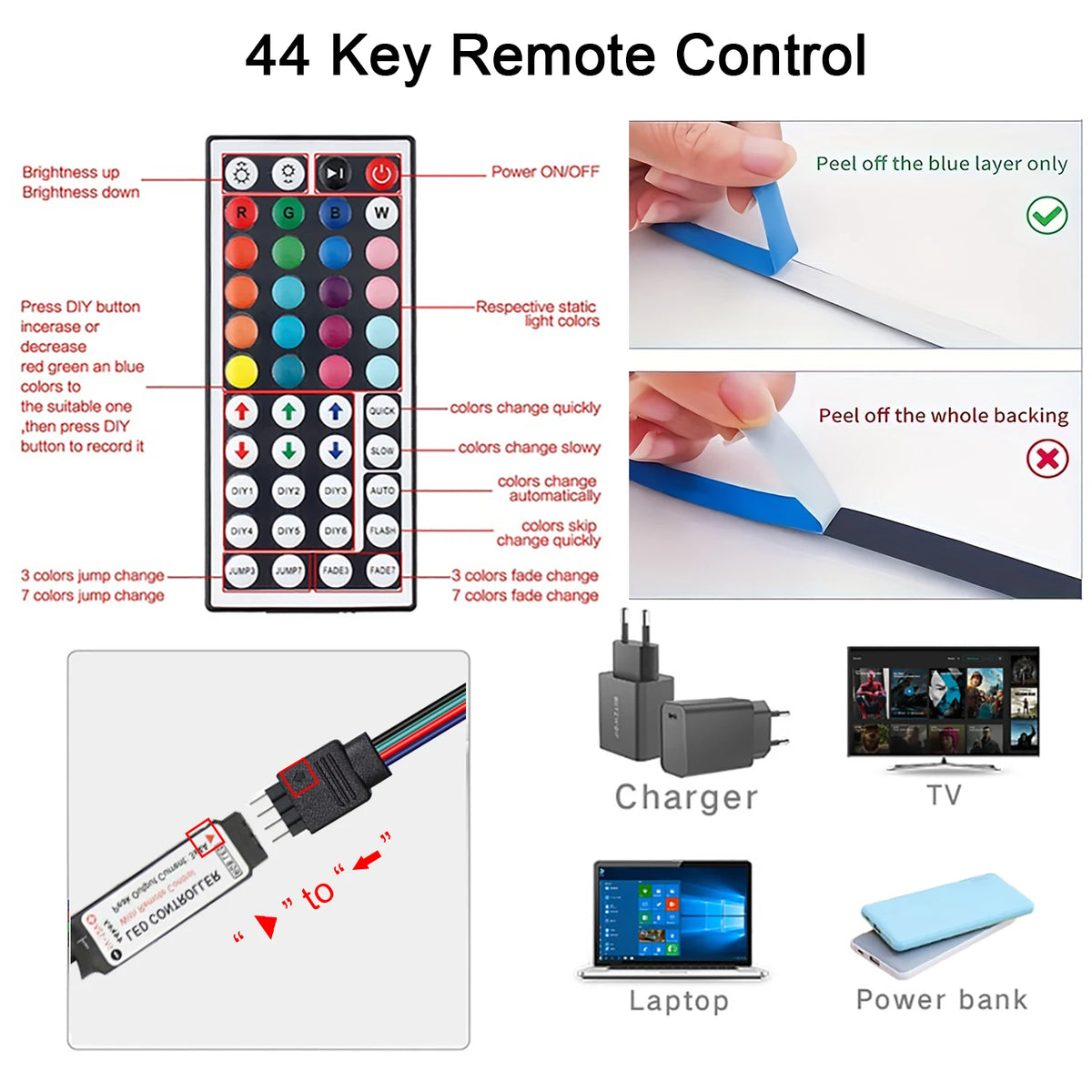 Led Strip Lights with 44 Key Remote Control 1m 5m 10m 20m RGB Tape Led Wall Room