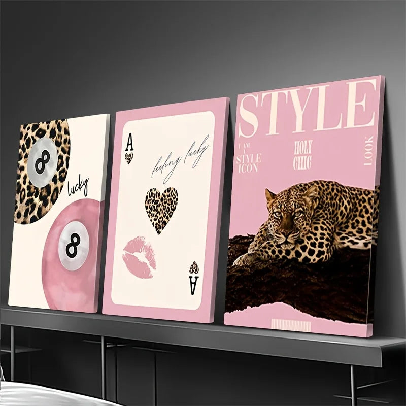 3pcs Leopard Cheetah Canvas Wall Art, Unframed Modern No. 8 Ball Lucky Print, Canvas Painting for Luxury Living Room Decor