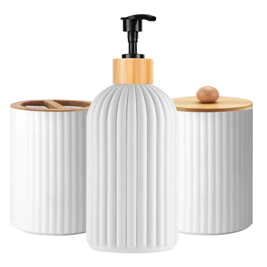 Bathroom Countertop Container, Hand Soap Dispenser, Cotton Ball Storage Box & Toothbrush Holder