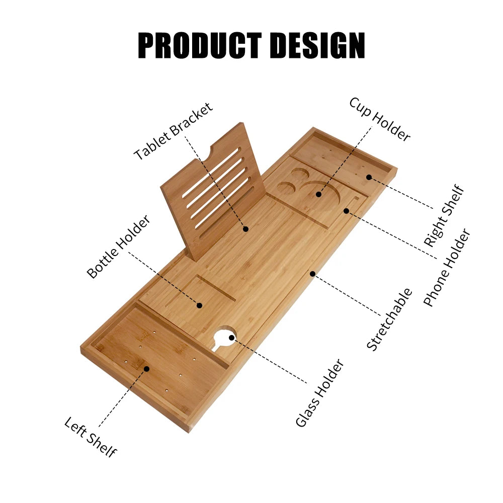 Bamboo Caddy Tray for Bathtub w/ Organizer Book, Wine, Tablet Holder. Reading Rack, Nonslip Bottom & Extendable Sides