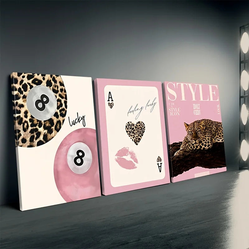 3pcs Leopard Cheetah Canvas Wall Art, Unframed Modern No. 8 Ball Lucky Print, Canvas Painting for Luxury Living Room Decor