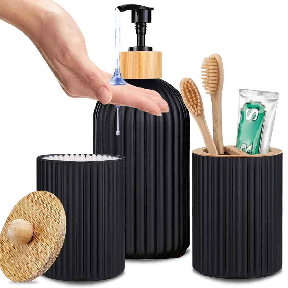 Bathroom Countertop Container, Hand Soap Dispenser, Cotton Ball Storage Box & Toothbrush Holder
