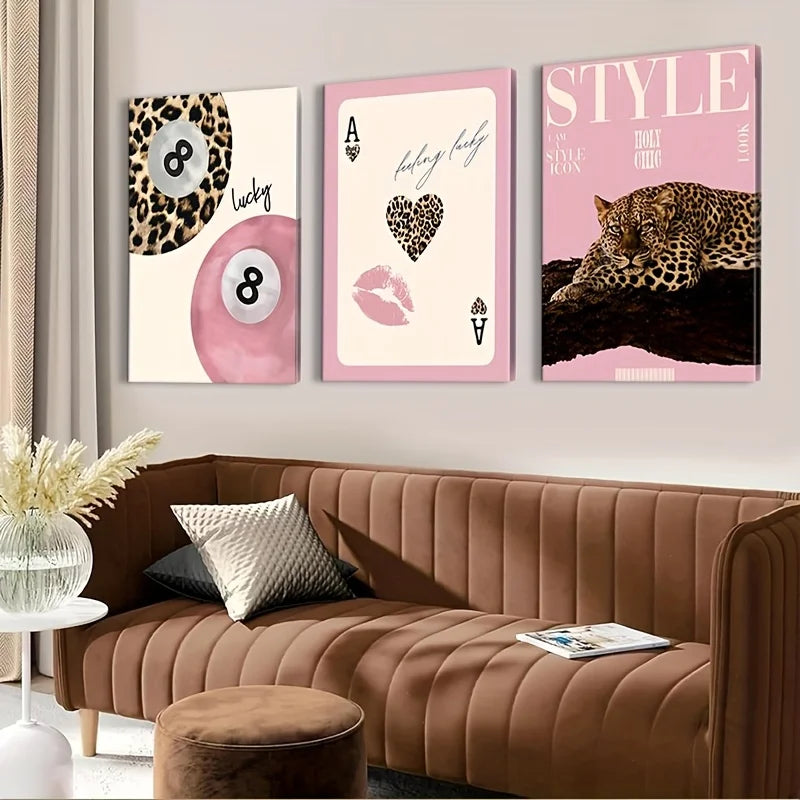 3pcs Leopard Cheetah Canvas Wall Art, Unframed Modern No. 8 Ball Lucky Print, Canvas Painting for Luxury Living Room Decor