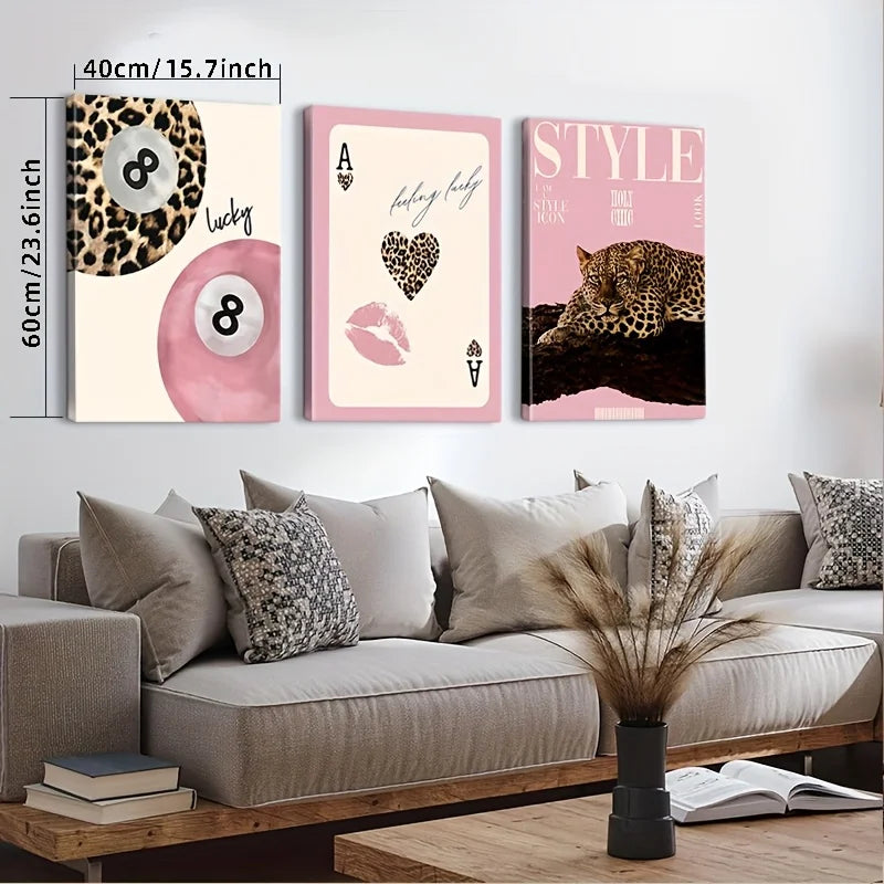 3pcs Leopard Cheetah Canvas Wall Art, Unframed Modern No. 8 Ball Lucky Print, Canvas Painting for Luxury Living Room Decor