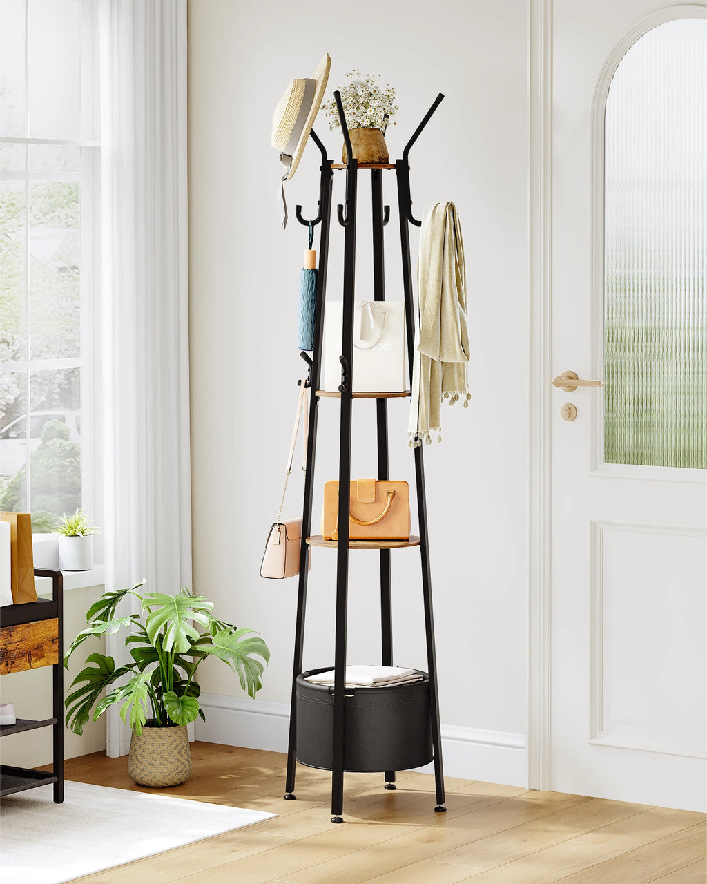 Coat Rack with Large Storage Basket, Coat Rack with 3 Shelves &16 Hooks for Scarves, Bags, Hats, for Entryway, Bedroom