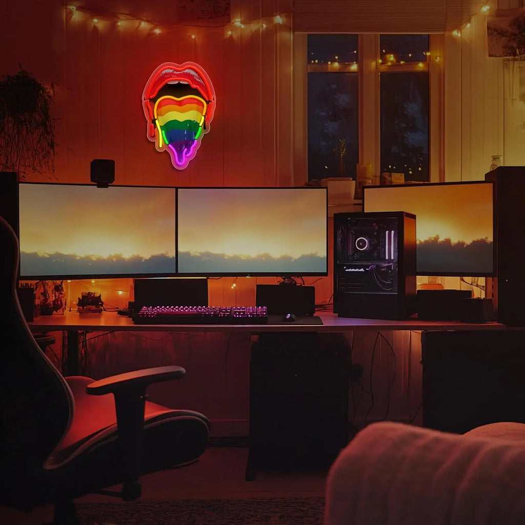 Lips Tongue Neon Sign Rainbow Neon Sign Light USB Dimmable for Bar Pub Bedroom Game Room Man Cave Party Decor Birthday Gift