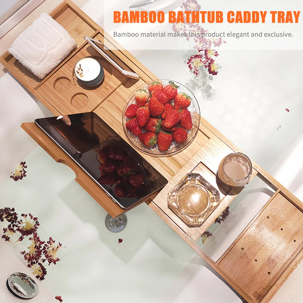 Bamboo Caddy Tray for Bathtub w/ Organizer Book, Wine, Tablet Holder. Reading Rack, Nonslip Bottom & Extendable Sides