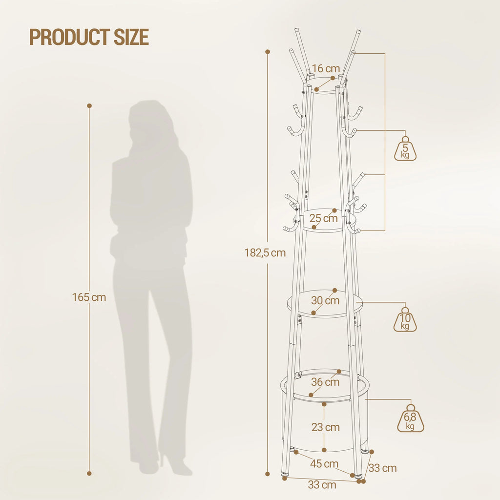 Coat Rack with Large Storage Basket, Coat Rack with 3 Shelves &16 Hooks for Scarves, Bags, Hats, for Entryway, Bedroom