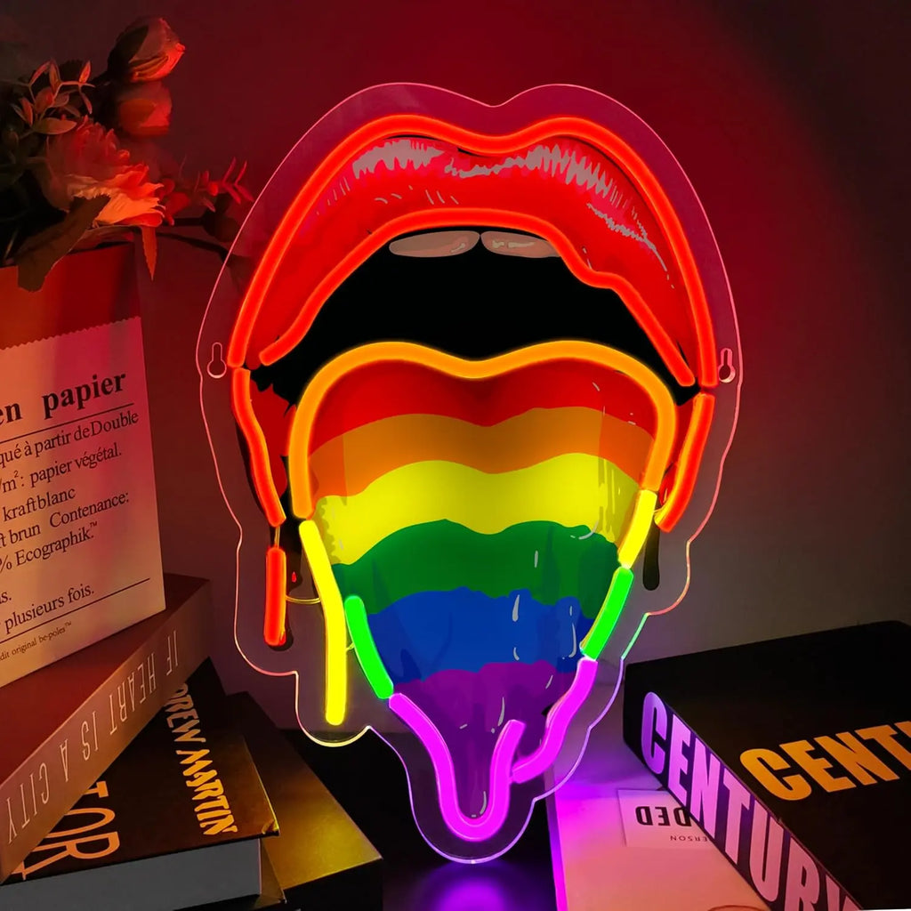 Lips Tongue Neon Sign Rainbow Neon Sign Light USB Dimmable for Bar Pub Bedroom Game Room Man Cave Party Decor Birthday Gift